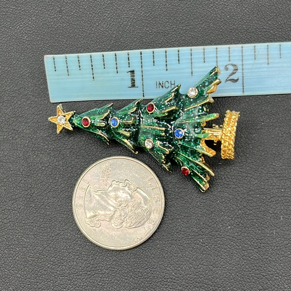 Vintage Eisenberg ice rhinestone green enamel gold tone Christmas tree brooch - Picture 10 of 10